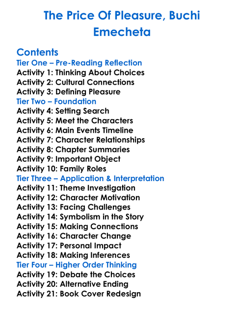 The Price Of Pleasure Buchi Emecheta Worksheet Activity Booklet