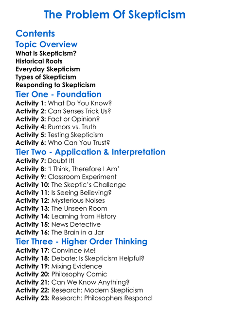 The Problem Of Skepticism Worksheet Activity Booklet