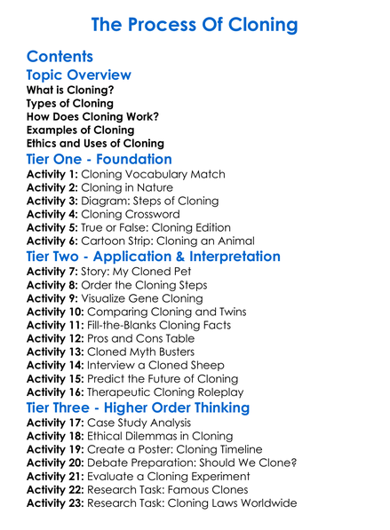 The Process Of Cloning Worksheet Activity Booklet