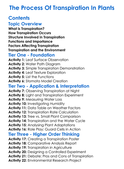 The Process Of Transpiration In Plants Worksheet Activity Booklet