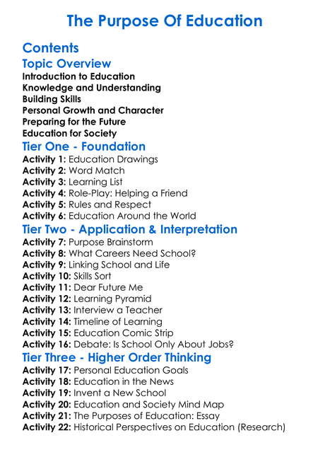 The Purpose Of Education Worksheet Activity Booklet