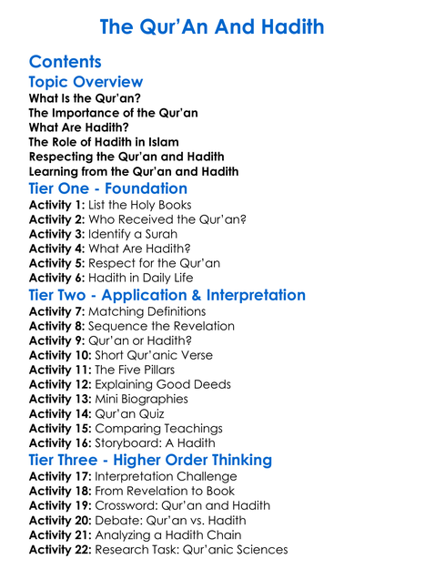 The Quran And Hadith Worksheet Activity Booklet
