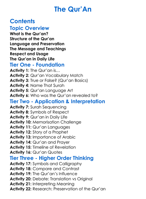The Quran Worksheet Activity Booklet
