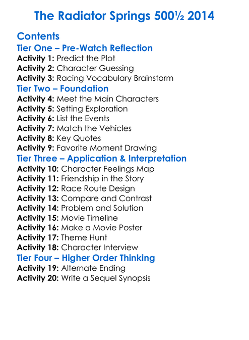 The Radiator Springs 500½ 2014 Worksheet Activity Booklet