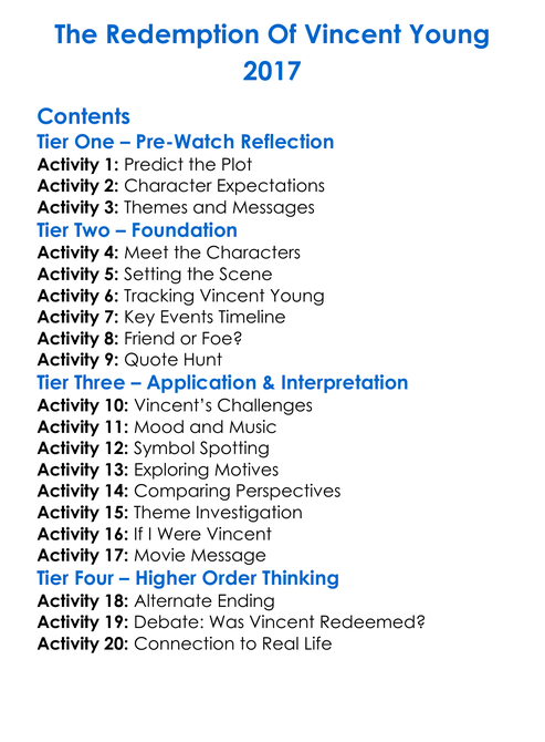 The Redemption Of Vincent Young 2017 Worksheet Activity Booklet