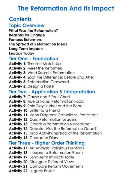 The Reformation And Its Impact Worksheet Activity Booklet