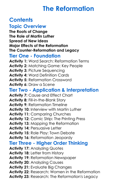The Reformation Worksheet Activity Booklet