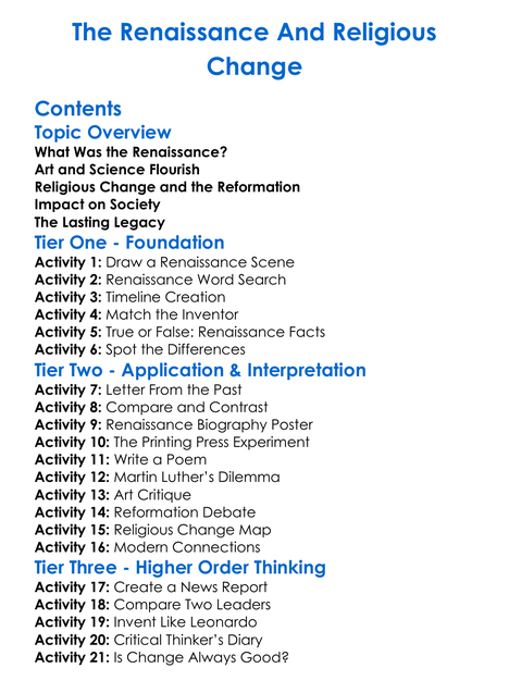 The Renaissance And Religious Change Worksheet Activity Booklet