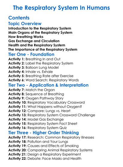 The Respiratory System In Humans Worksheet Activity Booklet