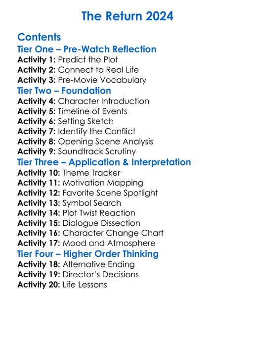 The Return 2024 Worksheet Activity Booklet