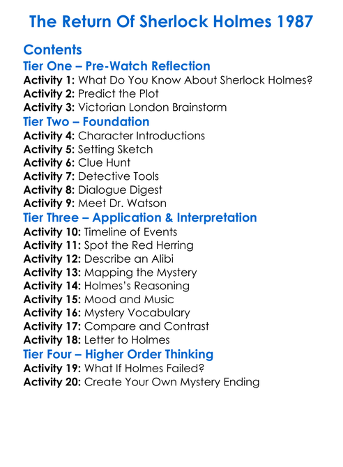 The Return Of Sherlock Holmes 1987 Worksheet Activity Booklet