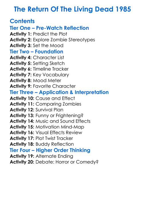 The Return Of The Living Dead 1985 Worksheet Activity Booklet