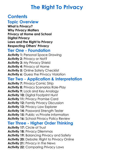 The Right To Privacy Worksheet Activity Booklet