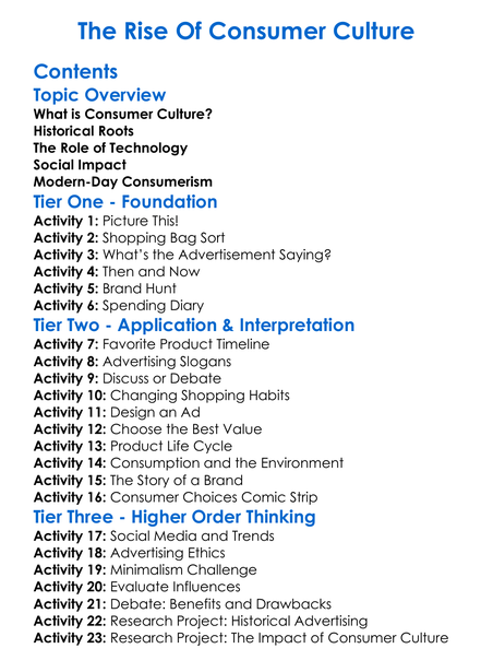 The Rise Of Consumer Culture Worksheet Activity Booklet