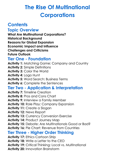The Rise Of Multinational Corporations Worksheet Activity Booklet