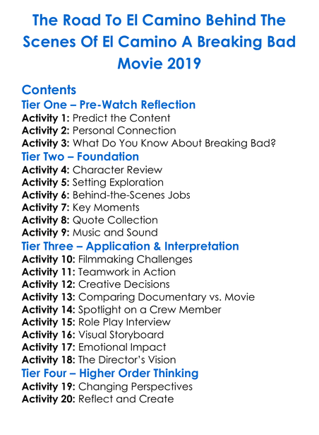 The Road To El Camino Behind The Scenes Of El Camino A Breaking Bad Movie 2019 Worksheet Activity Booklet