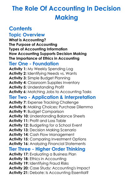 The Role Of Accounting In Decision Making Worksheet Activity Booklet
