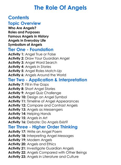 The Role Of Angels Worksheet Activity Booklet
