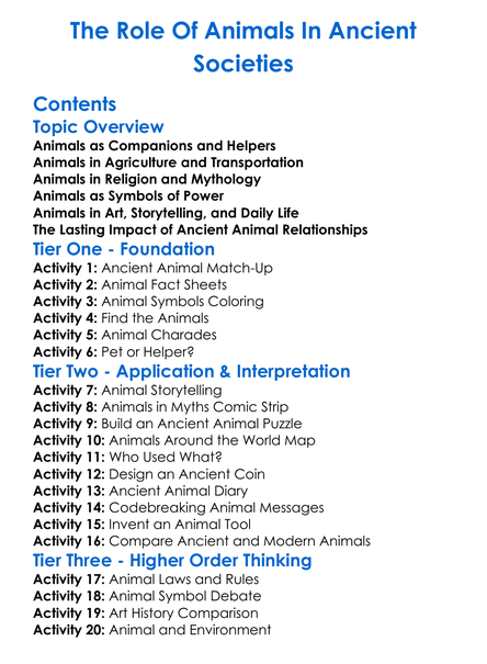 The Role Of Animals In Ancient Societies Worksheet Activity Booklet