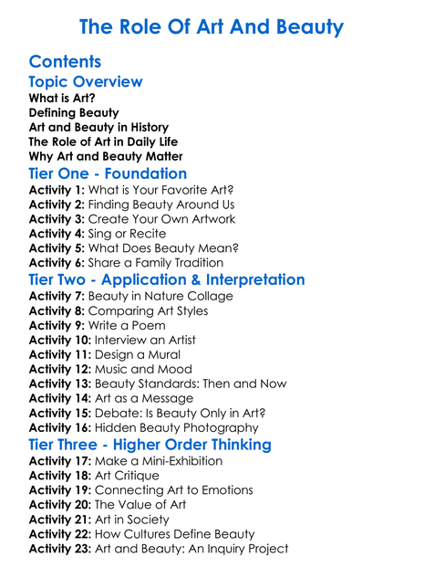 The Role Of Art And Beauty Worksheet Activity Booklet