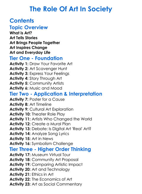 The Role Of Art In Society Worksheet Activity Booklet
