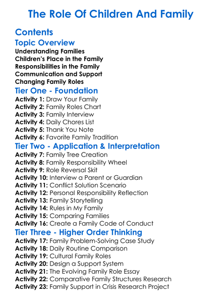 The Role Of Children And Family Worksheet Activity Booklet