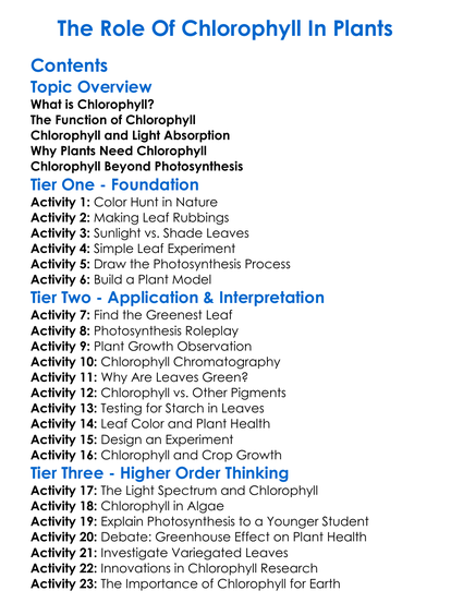 The Role Of Chlorophyll In Plants Worksheet Activity Booklet