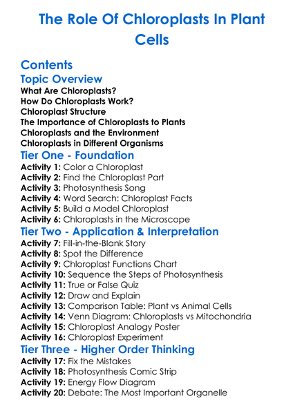 The Role Of Chloroplasts In Plant Cells Worksheet Activity Booklet