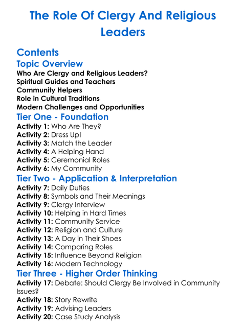 The Role Of Clergy And Religious Leaders Worksheet Activity Booklet
