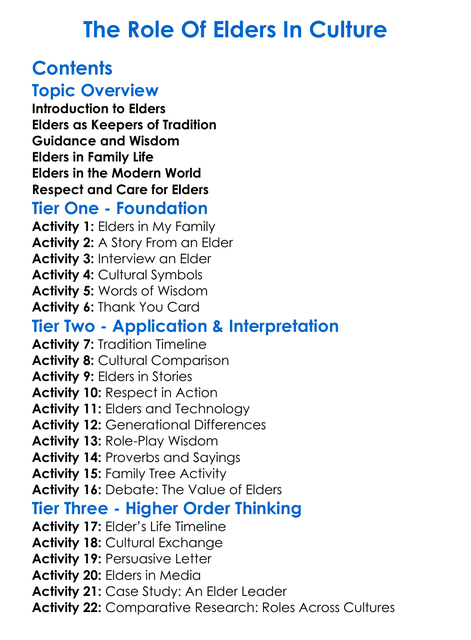 The Role Of Elders In Culture Worksheet Activity Booklet