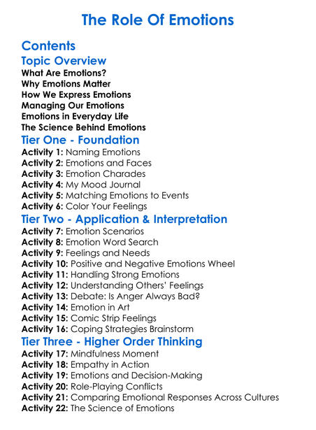 The Role Of Emotions Worksheet Activity Booklet