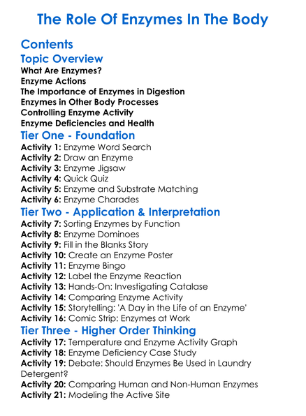 The Role Of Enzymes In The Body Worksheet Activity Booklet
