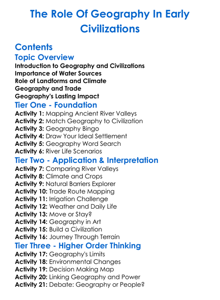 The Role Of Geography In Early Civilizations Worksheet Activity Booklet