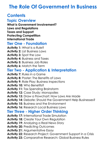 The Role Of Government In Business Worksheet Activity Booklet