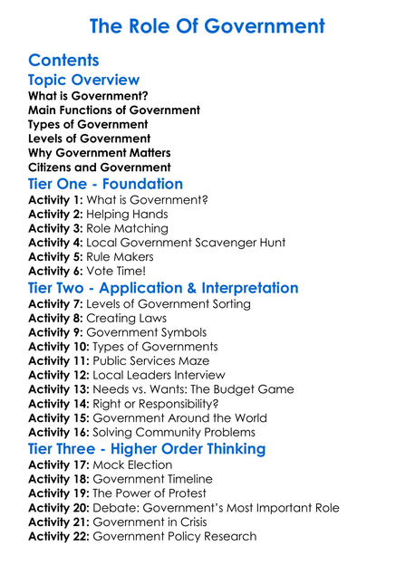 The Role Of Government Worksheet Activity Booklet