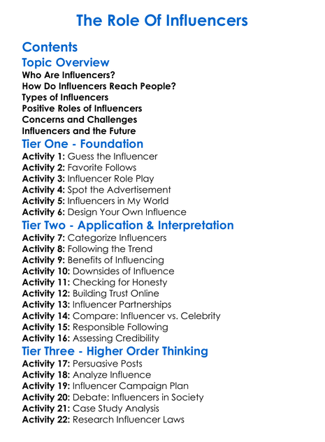 The Role Of Influencers Worksheet Activity Booklet