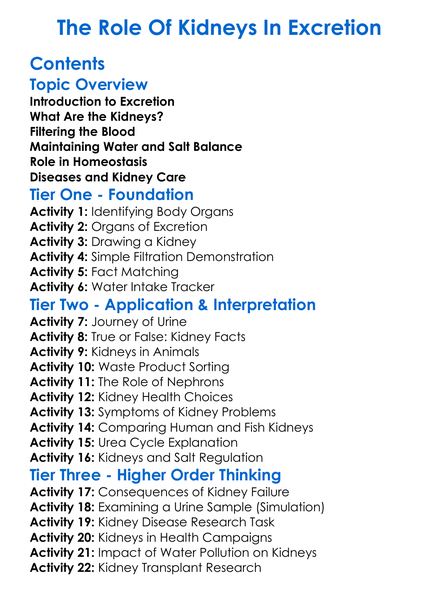 The Role Of Kidneys In Excretion Worksheet Activity Booklet