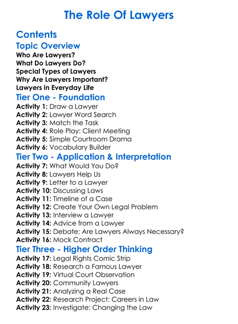 The Role Of Lawyers Worksheet Activity Booklet