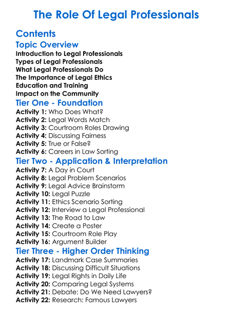 The Role Of Legal Professionals Worksheet Activity Booklet
