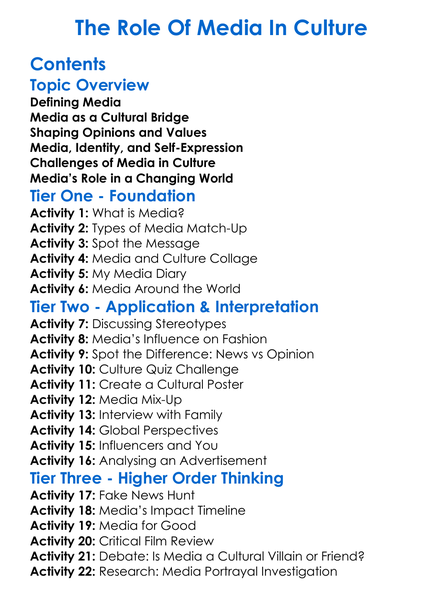 The Role Of Media In Culture Worksheet Activity Booklet