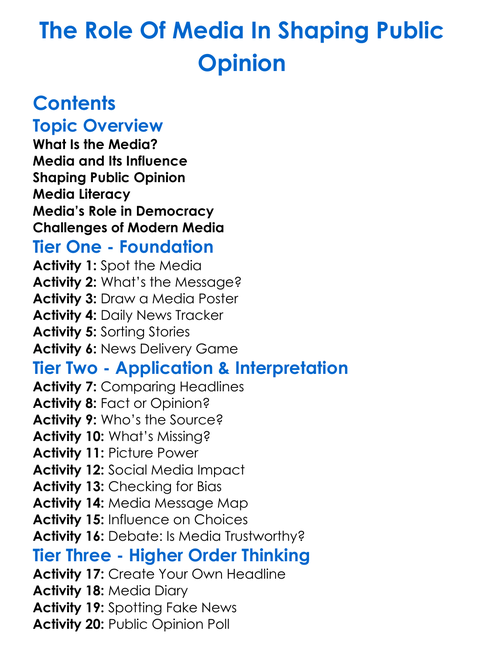 The Role Of Media In Shaping Public Opinion Worksheet Activity Booklet