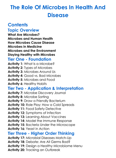 The Role Of Microbes In Health And Disease Worksheet Activity Booklet