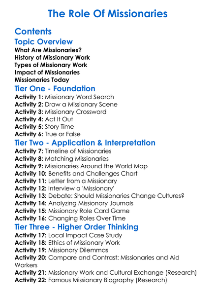 The Role Of Missionaries Worksheet Activity Booklet