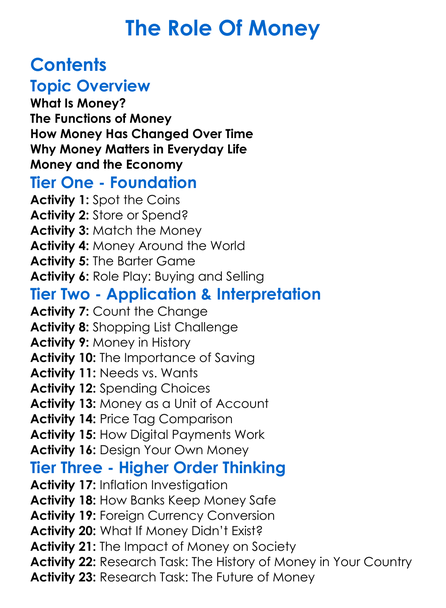 The Role Of Money Worksheet Activity Booklet