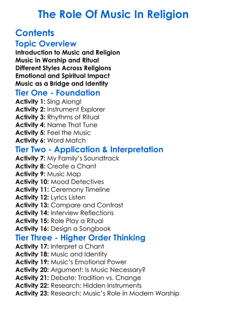 The Role Of Music In Religion Worksheet Activity Booklet