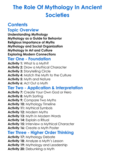 The Role Of Mythology In Ancient Societies Worksheet Activity Booklet