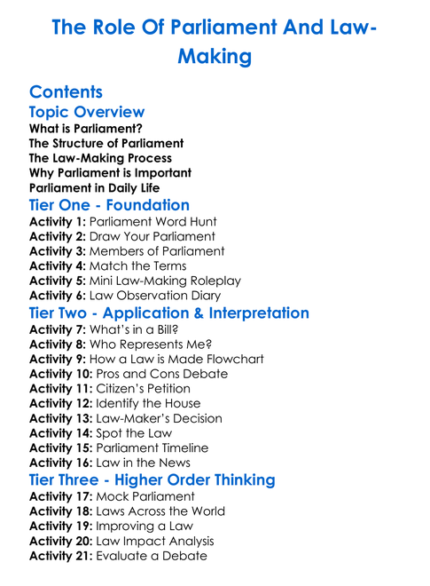 The Role Of Parliament And Law-Making Worksheet Activity Booklet