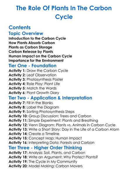 The Role Of Plants In The Carbon Cycle Worksheet Activity Booklet