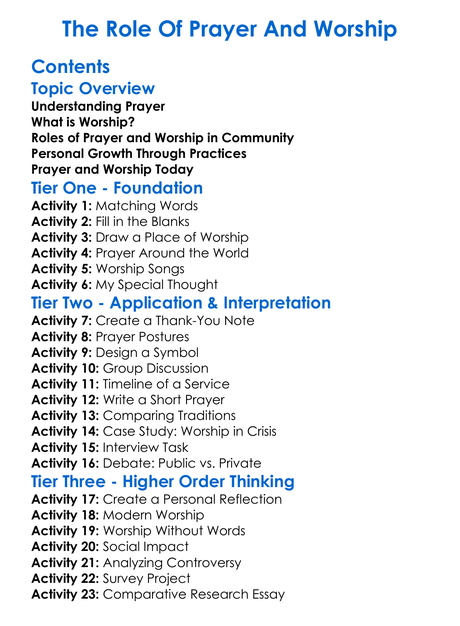 The Role Of Prayer And Worship Worksheet Activity Booklet
