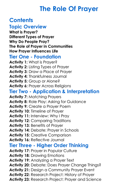 The Role Of Prayer Worksheet Activity Booklet